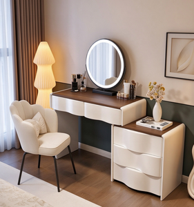 Modern Cream Wooden <b>Makeup</b> <b>Vanity</b> Dressing Table <b>with</b> LED Mirror Storage Drawers Bedroom <b>Vanity</b> Set - Product Image 5