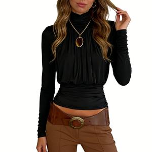 Top Corto de Manga Larga con Cuello Alto y Fruncido para Mujer, Elegante y Minimalista, a la Moda - Product Image 2