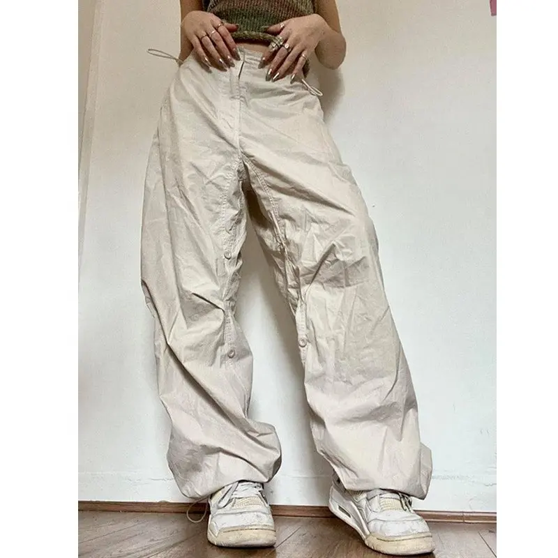 Women Drawstring Low Waist Beige Cargo Pants Female Baggy Trackpants Nylon Windbreaker Parachute Pants