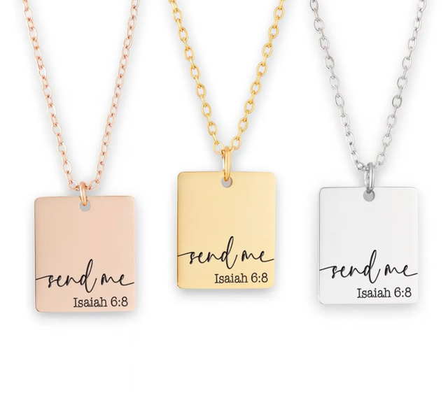 Scripture Necklace Square Pendant Engraving Send Me Isaiah 6:8 Bible Verse Christian Faith Jewelry Stainless Steel Blank Jewelry