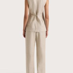 ชุดเซ็ต 2 ชิ้น แฟชั่นใหม่สำหรับผู้หญิง ผ้าลินินซาตินลายแจ็คการ์ด เสื้อแขนกุดและกางเกงขายาวทรงกว้าง ลายเรียบ สไตล์ลำลอง - Product Image 2