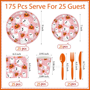 Halloween <b>Disposable</b> Tableware Set Pink Ghost Pumpkin <b>Plates</b> Cups Napkins Party Supplies Kit - Product Image 2