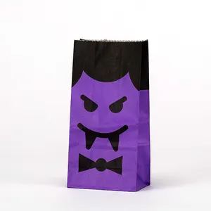 Engraçado saco de papel para presente com tema ecológico portátil Halloween, saco de papel para biscoitos e doces com padrão roxo