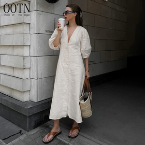 linen dress china White Linen Wrap Maxi Dress with V-Neck and A-Line Silhouette