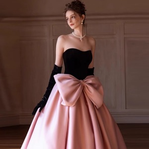 Evening Gown Strapless Empire Waist Black And Pink Contrast Color Satin Ball Gown For Formal Events Party Wedding - Product Image 2