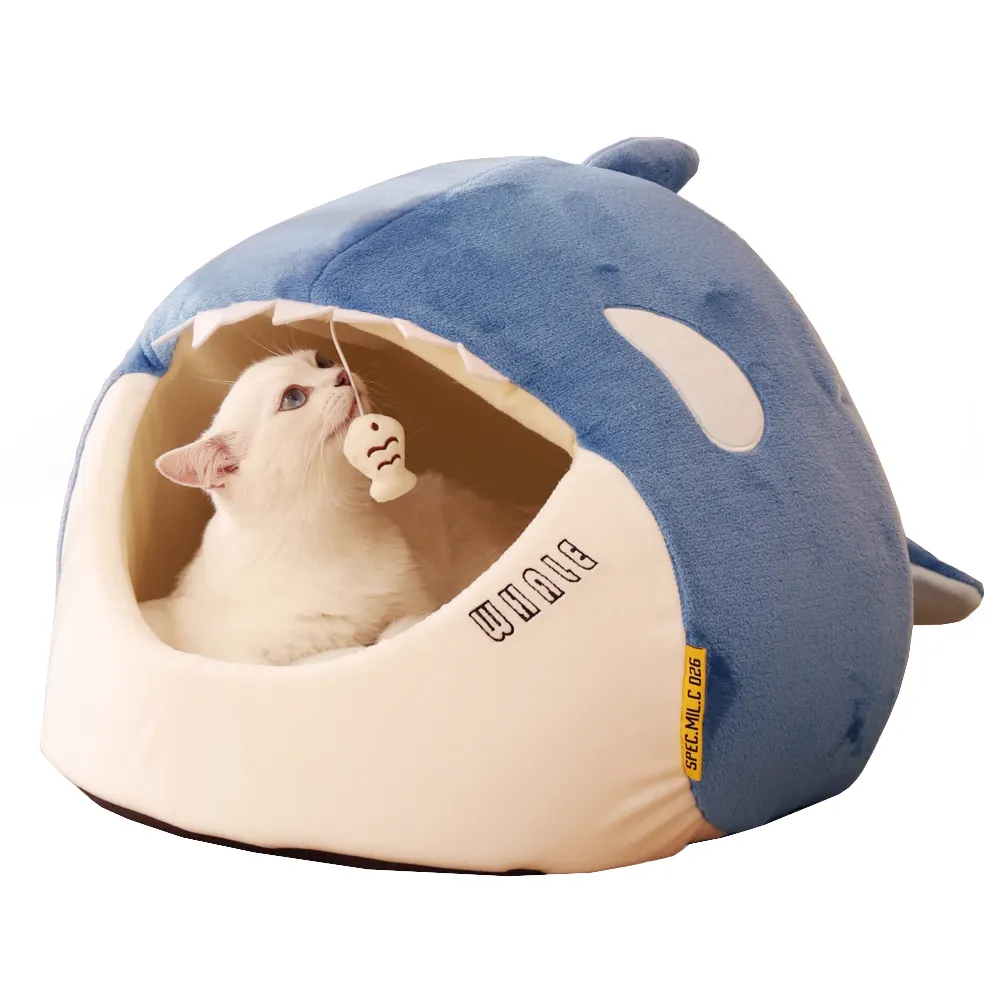 2022 nuovo arrivo Hoopet Sea Animal Shark Warm Plush Cat Cave Bed House con cuscino e Hang Fish Toy