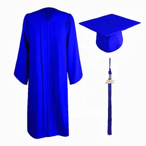 Gorro y vestidos de graduación de grado universitario, tela mate azul real 100% poliéster, venta al por mayor