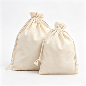 Beige Calico Drawstring Pouch Screen Printed Recyclable Canvas Dust <b>Bag</b> for Small Gifts - Product Image 1