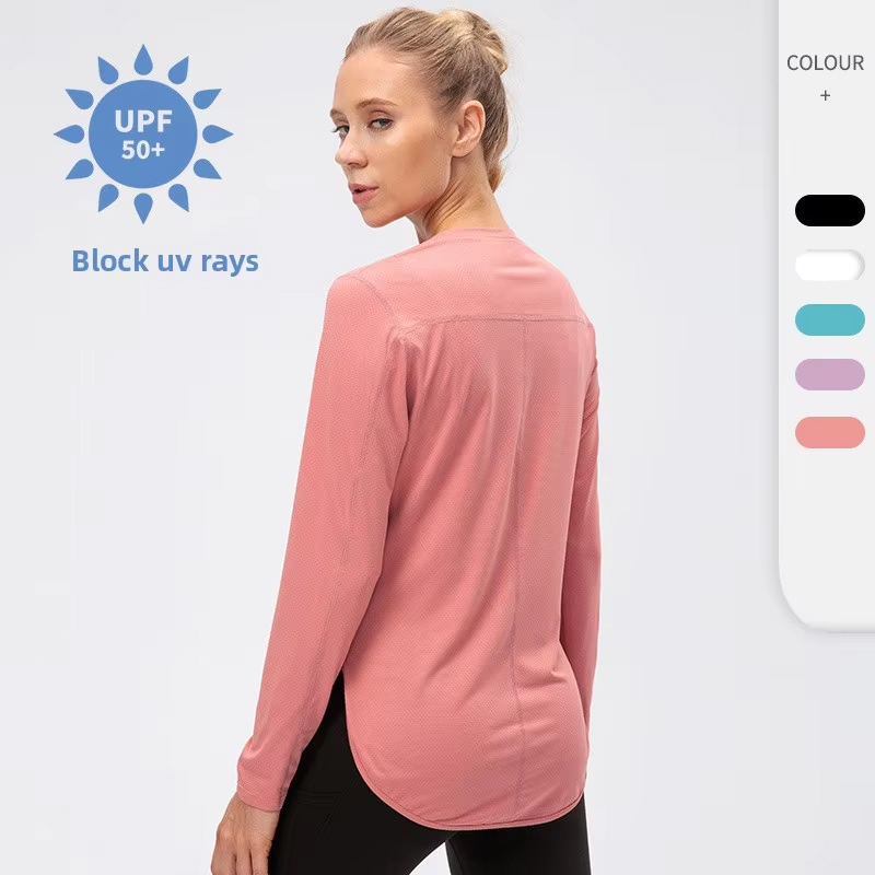 Quick Dry Moisture Wicking Long Sleeve Sports T-Shirt for Women UPF 50+ UV Protection Curved Slit Hem Yoga Gym Top