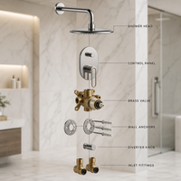 Ensemble de douche mural encastré pour salle de bain, finition chrome poli, pommeau de douche pluie, douchette à main, levier or rose pour usage domestique