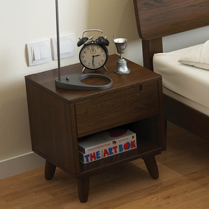 Solid Wood <b>Bedside</b> Cabinet Walnut Color With Drawer Storage Bedroom Furniture - Product Image 1