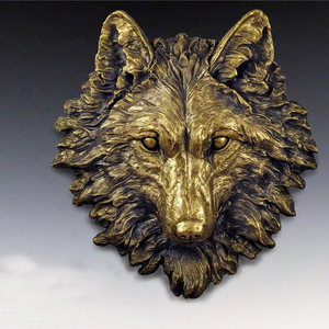 Gran Oferta personalizada 3D cabeza de Lobo dorado pared arte escultura Metal hogar colgante Animal decoración al por mayor personalizado 3D pared arte esculturas - Product Image 1
