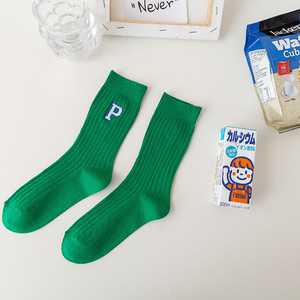 Tất Mới Tất Vải Cotton Cổ Trung Thêu Chữ C Xu Hướng Hàn Quốc Tất Lưới Màu Đỏ Xanh Dương Màu Xanh Lá Cây Sọc Tương Phản - Product Image 6