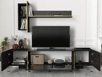 Unit TV Veyron Mewah Eksklusif dari Chipboard, Panel Modern Efek Kayu, untuk Ruang Tamu Apartemen, Finishing Marmer Rebab, Terbaik dari Turki