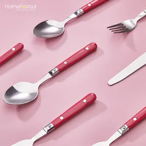 Fork Spoon Knife Red Plastic Handle Flatware Set Custom Popular Silver Red Two Tone Modern Cutlery Whit Pvc Box Cutlery Basket