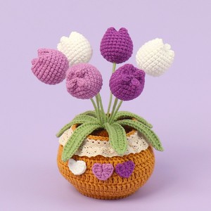 Maceta de Tulipán Tejida a Mano, Mini Planta en Maceta, Maceta de Flores Tejida en Algodón Suave con Decoración de Corazón de Encaje, Hecha a Mano - Product Image 3