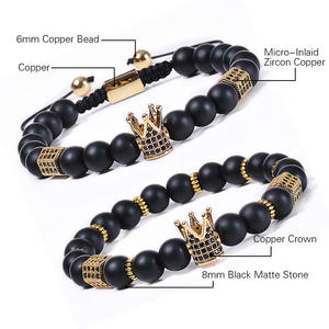 2021 New 8 mm <strong>Black</strong> Frosted Stone <strong>Beaded</strong> Gold Plated CZ Crown Charm Bracelet Adjustable White and <strong>Black</strong> Zircon Couples Bracelets - Product Image 5