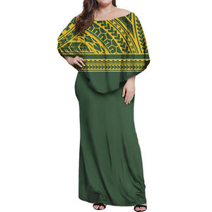 Sublimatie Print Polynesische Tribal Design Etnische Stijl Vrouwen Ruche Lange Jurk Elegante Groene Vrouwelijke Casual Jurk Kwaliteit Jurk - Product Image 1