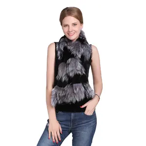 MWFur Natural Fluffy Fur Winter Scarf Natural Fox Fur Scarf Patchwork With Rex Rabbit Fur Stripped For Women Girls