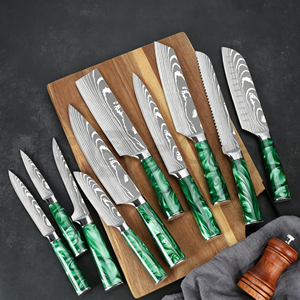 Ensemble de 10 couteaux de cuisine haut de gamme, lames gravées au laser effet Damas, manche en résine verte tourbillonnante, couteaux en acier inoxydable, idéal - Product Image 2