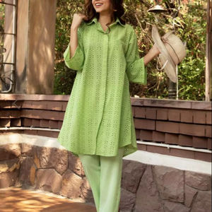 fashion wear Women's Green <b>Red</b> Schiffli Coord Fast Fashion Festival Embroidered Wear Plain Style Organic Techniques for Girls - Product Image 1