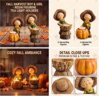 Figurines en résine garçon et fille récolteurs d'automne, porte-bougies chauffe-plat citrouille de Thanksgiving, décoration de bureau automne