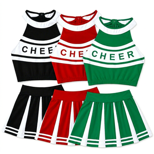 Cheerleading Uniform Set 3-Piece <b>Crop</b> <b>Top</b> And Skirt With Cheer Print For Adults In Black <b>Red</b> Green Colors - Product Image 1