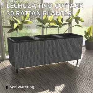 <span class=keywords><strong>Lechuza</strong></span> TRIO Cottage 30 <span class=keywords><strong>Pot</strong></span> de fleurs auto-arrosant en plastique imitation rotin pour intérieur/extérieur avec trou de drainage H34 L100 W32 cm Granit - Product Image 2