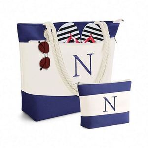 Sac de voyage en toile personnalisé avec logo initial, sac de plage, cadeaux d'anniversaire, sac fourre-tout avec trousse de maquillage - Product Image 1