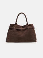 Sac fourre-tout vintage en daim pour femme, sac à bandoulière rétro avec poignée supérieure et détail ceinture, sac à main de luxe discret