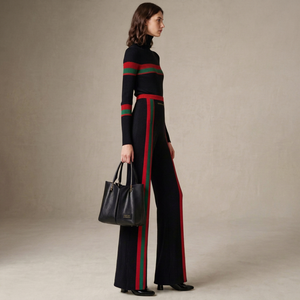 Women's Black Turtleneck Tracksuit Set <b>With</b> Red Green Striped <b>Wide</b> <b>Leg</b> Pants - Product Image 1