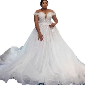 White Off Shoulder Ball Gown Wedding Dress V Neck Tulle Empire Waist Plus Size Bridal Gown - Product Image 2