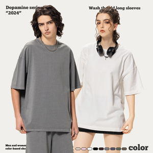 Usine chaude Ventes Directes De Mode Coton O Cou Solide Couleur Rétro Lavé À Manches Courtes T-shirt pour Hommes et Femmes - Product Image 3