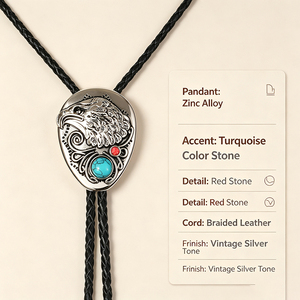 Cravate Bolo Western avec pendentif tête d'aigle, pierre turquoise, accent rouge, cordon en cuir tressé, style classique, usage quotidien - Product Image 2