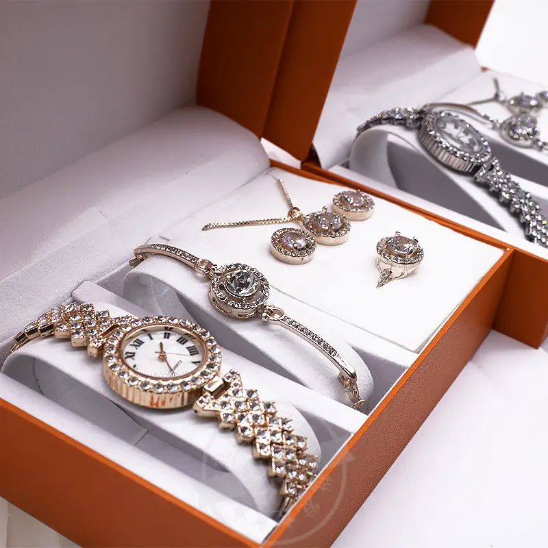 Luxus 5 Stück Damen uhr Set Mode Zarte Zirkon Armband Ohrringe Ring Quarz Uhr Schmuck Set für Damen Geschenk