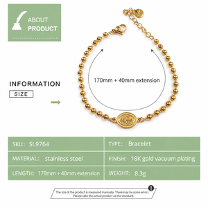 Beaded Oval <b>Medallion</b> Bracelet , Stainless Steel, 18K <b>Gold</b> Vacuum Plated, <b>Gold</b> Tone, 170mm + 40mm - Product Image 3
