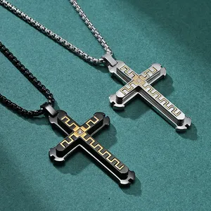 Pendentif croix noire en or 18 carats à motif de grande muraille avec pierre centrale en zigzag Bijoux pour hommes Collier à chaîne épaisse en acier inoxydable