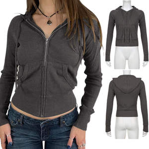 Hot <b>Sale</b> Women Zip up Hoodie 2025 Winter Ribbed Pullover Retro Patchwork Pocket Drawstring Fitted Casual Short Jacket - Product Image 1