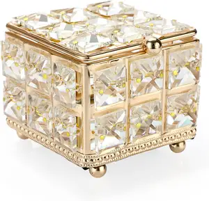 Atacado Novo Estilo Europeu Ouro Cristal Maquiagem Armazenamento Diamond Box Glass Storage Jar