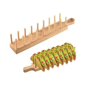 New Arrival Taco Rack Holds Wooden Corn Roll Rack Good Quality Bamboo Taco Holder Stand Plate Tray With Handle