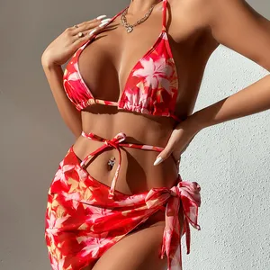 3 Pieces Swimsuit Cover Up Flowers Printed Mesh Bikini Fashion Cover Up Lacing Beachwear Wholesale