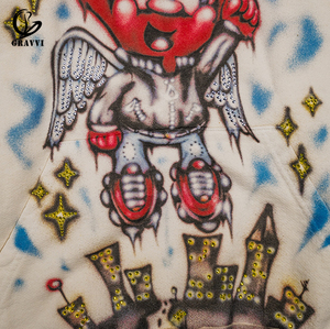 Tùy Chỉnh Quá Khổ Áo Thun Hoodie Heavyweight Lông Cừu Graffiti Rhinestone Thiên Thần Trái Tim Thời Trang Đường Phố OEM ODM Nhãn Hiệu Riêng - Product Image 4