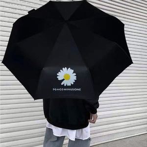 Petit parapluie promotionnel noir anti-UV à trois plis, à armature manuelle en fer, à motif marguerite, pour usage extérieur - Product Image 3