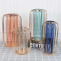Vase à fleurs avec Tube en fer forgé, support métal or Rose, pour décoration de maison ou d'hôtel, Style minimaliste en verre cristal