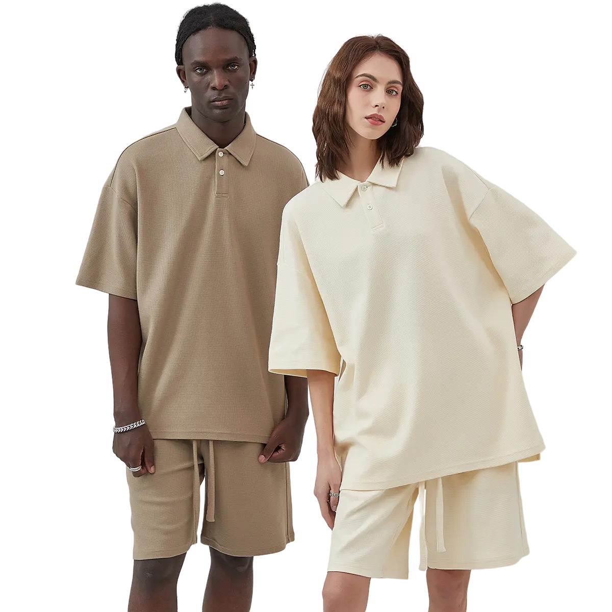 Roupa de verão solta de cor sólida, camisas polo waffle de 2 peças e shorts, conjunto de calças de rua, calças de tamanho grande, camisetas masculinas