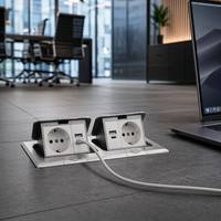Prise de sol escamotable standard UE avec charge rapide USB A+C et prise réseau Cat6 RJ45 en aluminium brossé argenté
