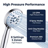 Pommeau de douche à main haute pression Chrome 8 modes avec tuyau en acier inoxydable de 1,8 m pour salle de bain domestique