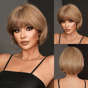 วิกผมบ๊อบสั้นแบบมีเลเยอร์สำหรับผู้หญิง พร้อมหน้าม้า สีน้ำตาลกาแฟเนื้อผ้าลินิน เรียบลื่น สวมใส่ง่าย วิกผมเต็มศีรษะสำหรับฤดูร้อน สวยสง่า - Product Image 2