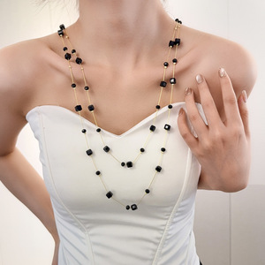 Crystal <b>Necklace</b> Multi Layer Geometric Black Cube Women's Everyday Wear <b>Long</b> Chain U Shape Fashion Jewelry Accessory - Product Image 3