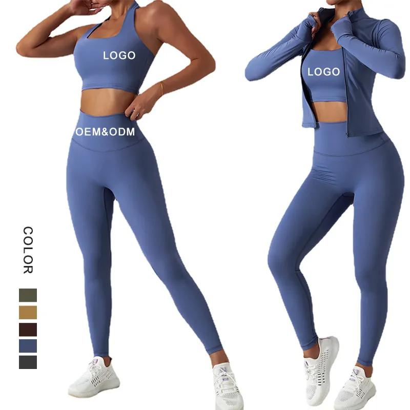 RTS Custom New Activewear 3PCS Yoga Sets Fitness Women Sport Jackets Bra High Waist Leggings Gym Sets yoga wear